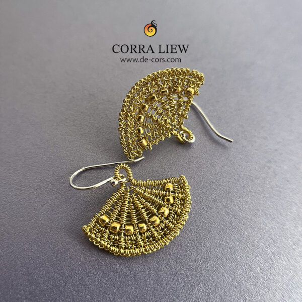 Corra Liew Handmade Gold Japanese Folding Fan Earrings Wire Jewelry