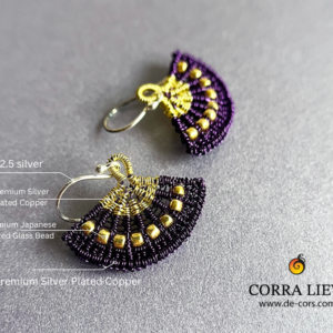 Corra Liew Handmade Gold Purple Japanese Folding Fan Earrings Wire Jewelry with label