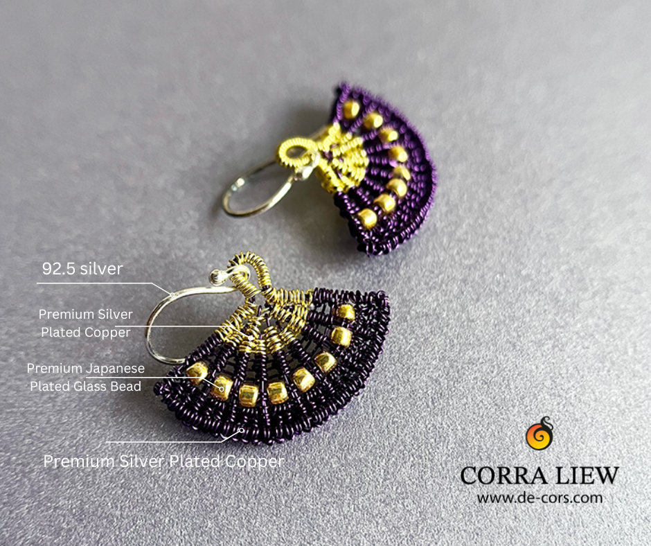 Corra Liew Handmade Gold Purple Japanese Folding Fan Earrings Wire Jewelry with label