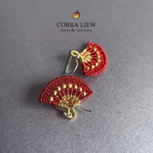 Corra Liew Handmade Gold Red Japanese Folding Fan Earrings Wire Jewelry