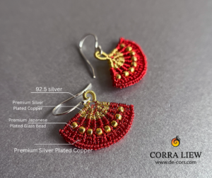 Corra Liew Handmade Gold Red Japanese Folding Fan Earrings Wire Jewelry