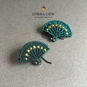 Corra Liew Handmade Green Emerald Peacock Turqoise Gold Japanese Folding Fan Earrings Wire Jewelry