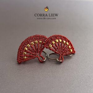 Corra Liew Handmade Red Gold Japanese Folding Fan Earrings Wire Jewelry