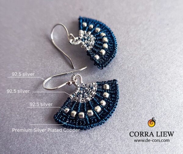 Corra Liew Handmade Silver Sapphire Blue Japanese Folding Fan Earrings Wire Jewelry