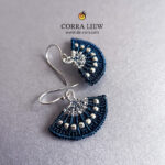 Silver-Sapphire Blue Dual-Tone Handmade Japanese Fan Earrings, Wire Micro Macrame