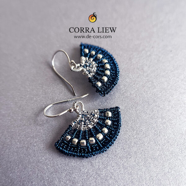 Corra Liew Handmade Silver Sapphire Blue Japanese Folding Fan Earrings Wire Jewelry