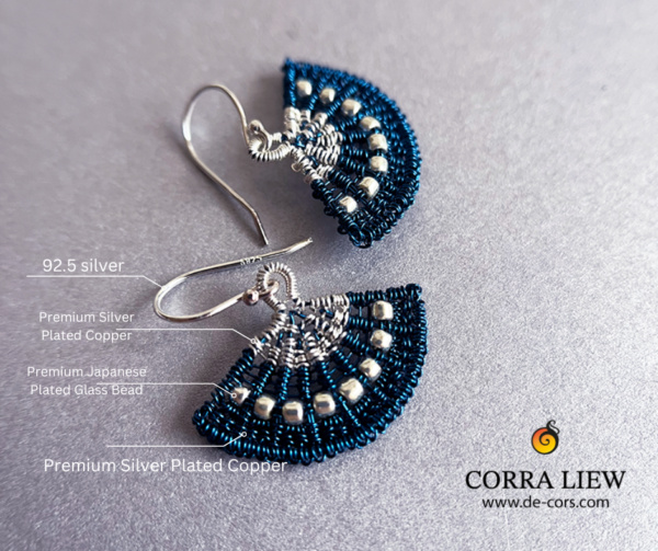 Corra Liew Handmade Silver Sapphire Blue Japanese Folding Fan Earrings Wire Jewelry - Premium Copper