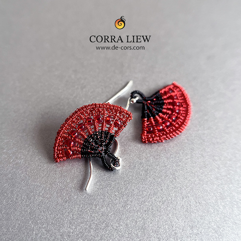 Corra Liew Handmade Black Red Japanese Folding Fan Earrings Wire Jewelry