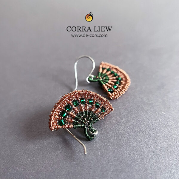 Corra Liew Handmade Green Orange Halloween Japanese Folding Fan Earrings Wire Jewelry