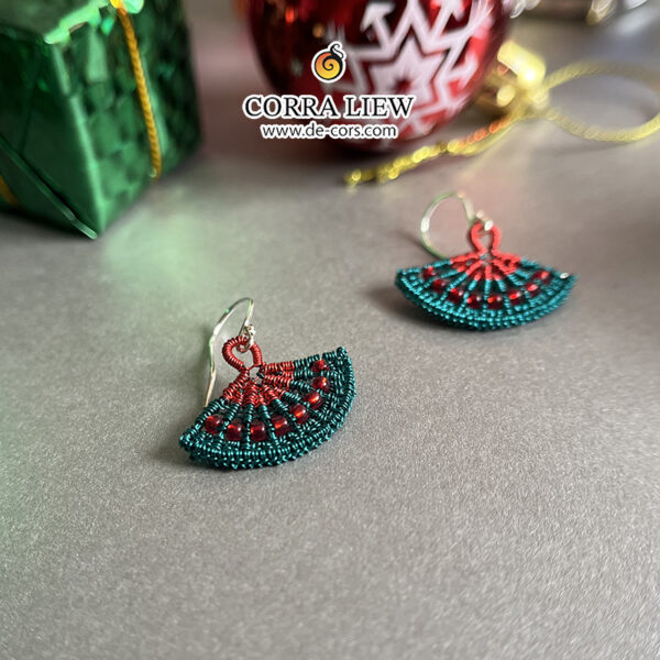 Corra Liew Handmade Red Green Christmas Japanese Folding Fan Earrings Wire Jewelry