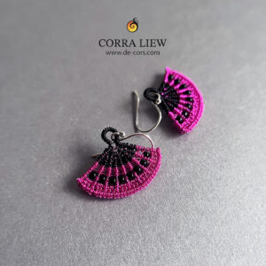 Corra Liew Handmade Black Fuchsia Pink Japanese Folding Fan Earrings Wire Jewelry Main