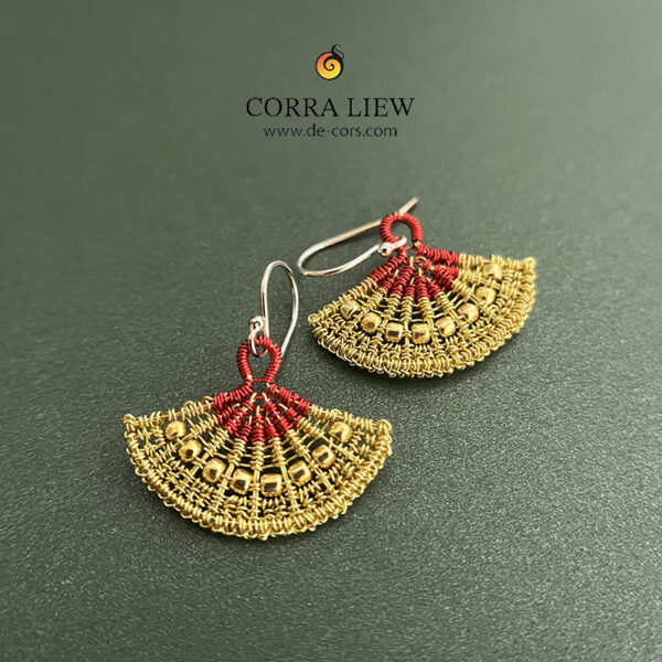 Corra Liew Handmade Red Gold Gold Japanese Folding Fan Earrings Wire Jewelry Green Background