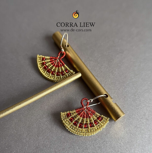 Corra Liew Handmade Red Gold Red Japanese Folding Fan Earrings Wire Jewelry