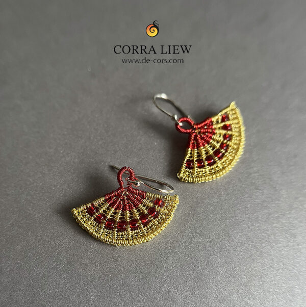 Corra Liew Handmade Red Gold Red Japanese Folding Fan Earrings Wire Jewelry